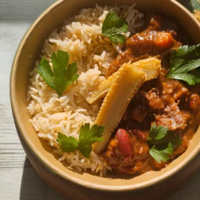 EFFILOCHÉE DE BŒUF CONFIT AUX ÉPICES & RIZ CHILI STYLE 