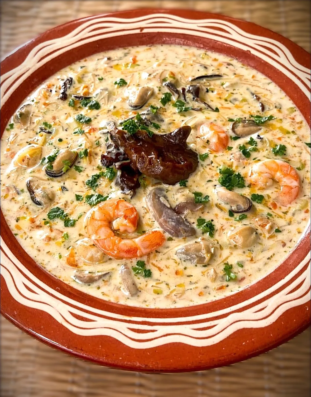 Velouté de crustacés aux champignons noirs