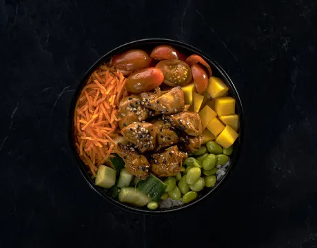 Poke Bowl-Honey Sriracha Chicken.