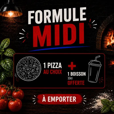 1 pizza au choix + boisson 33cl offerte