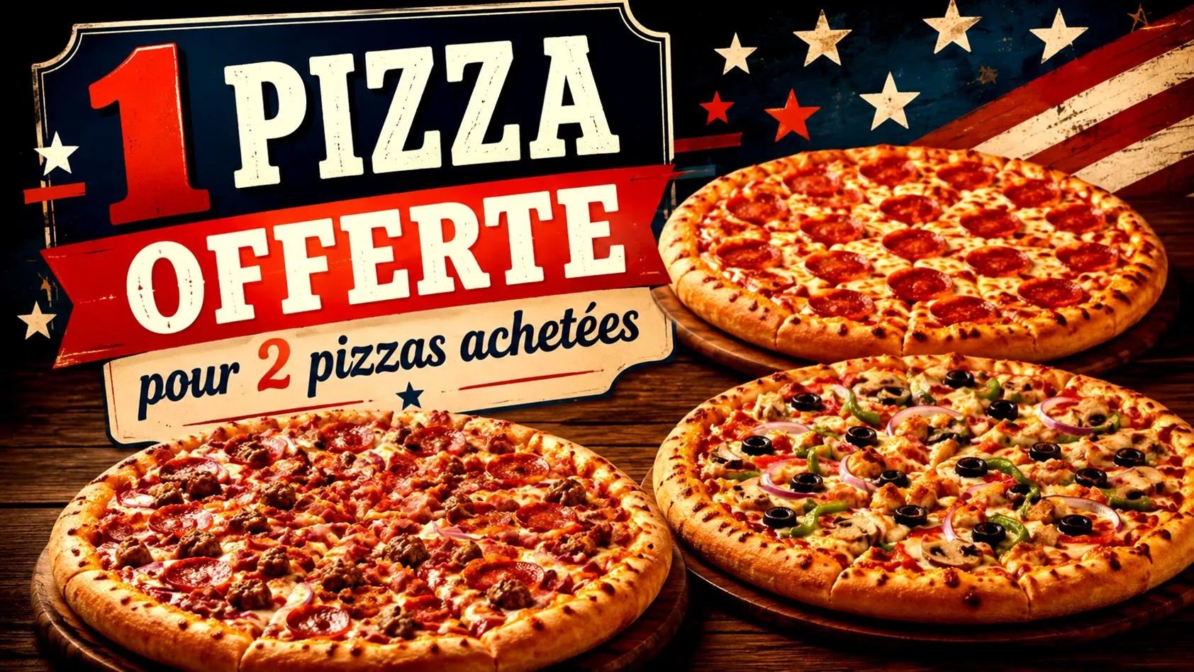 2 Pizzas achetées = 1 Offerte
