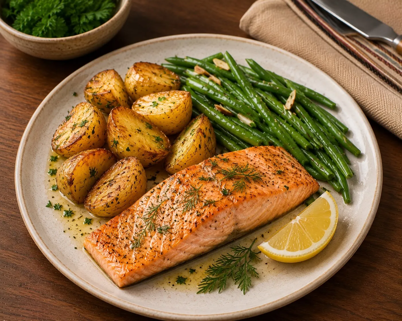 Dimanche 9 août Soir - Saumon & Pomme de terre et haricots verts