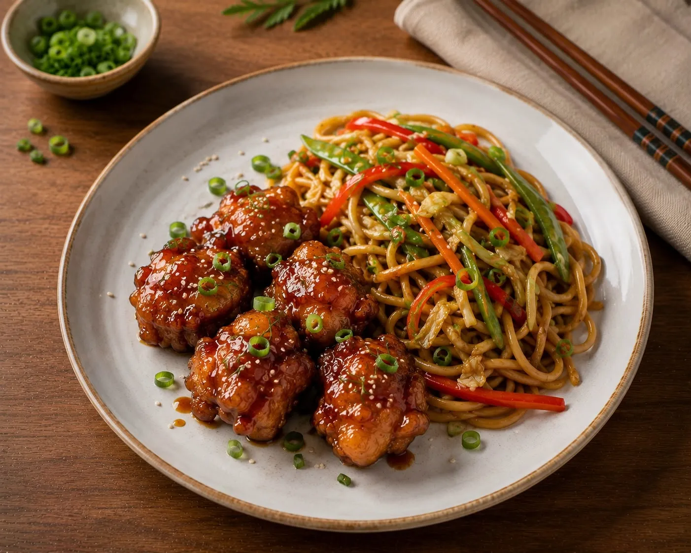Lundi 3 août Midi  - Beignets de poulet caramelisees & Nouilles aux legumes