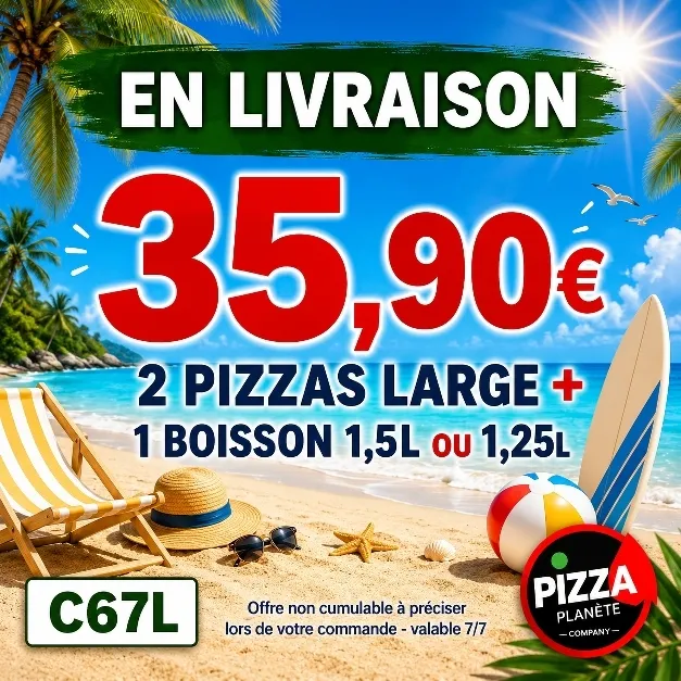 2 Pizzas Larges + 1 Boisson 1l25 