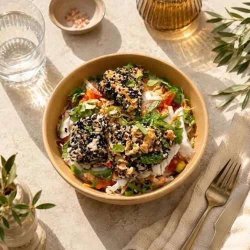 TATAKI DE SAUMON AU SÉSAME & VERMICELLES DE SOJA  