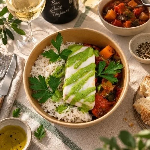 FILET  DE LIEU & RIZ  PARFUMÉ - RATATOUILLE 