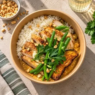 POULET AUX ÉPICES SATAY, CURRY DE LÉGUMES & RIZ PARFUMÉ 