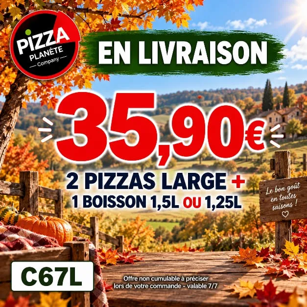 2 Pizzas Larges + 1 Boisson 1l25 