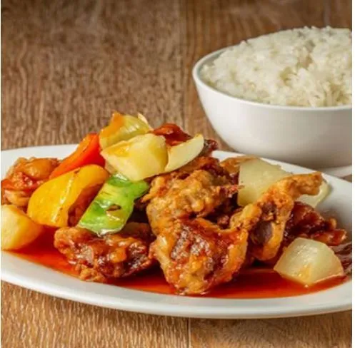 844. POULET SAUCE AIGRE-DOUX + RIZ CANTONAIS