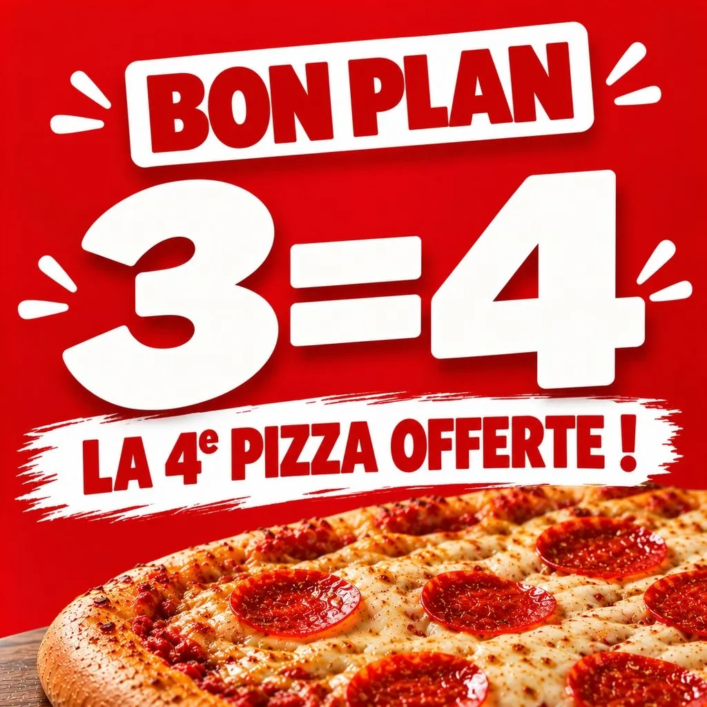 3 pizzas achetées = La 4ème Offerte 
